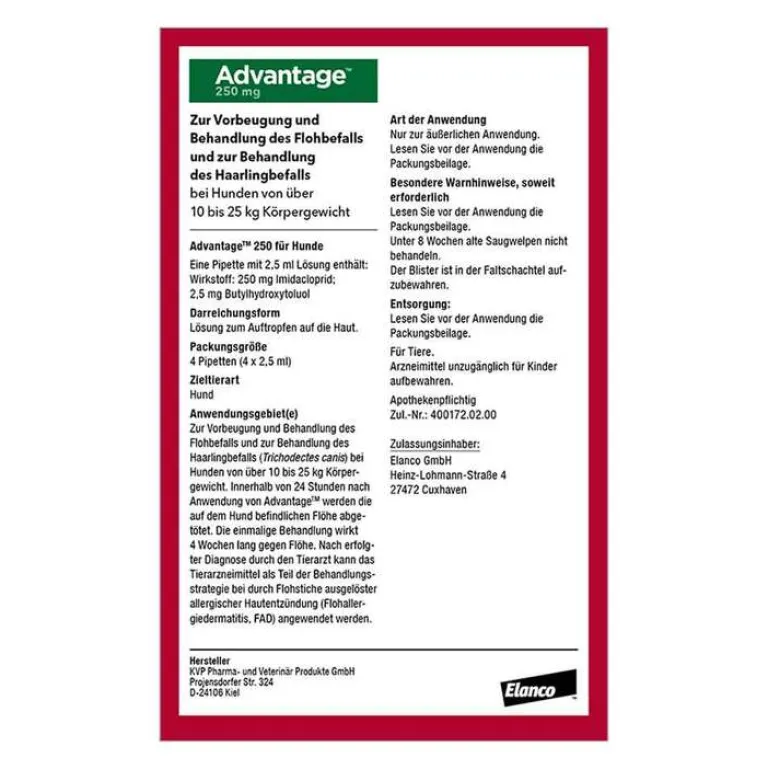Advantage 250 für Hunde von 10-25 kg, 4 St- Flöhe, Zecken & Co.