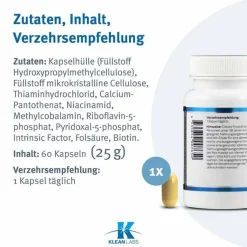 Klean Labs Vitamin B Komplex-B-Complex mit Methylfolat und Intrinsic Factor Kap, 60 St