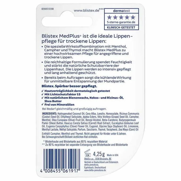 Blistex Lippenpflege-Medplus Stick ohne Mineralöl, 4.25 g