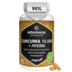 Vitamaze Curcuma 10.000 + Piperin hochdosiert vegan Kapseln, 90 St- Kurkuma Kapseln