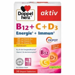 Doppelherz Vitamin D (Colecalciferol)|Vitamin C (Ascorbinsäure)-B12 + C + D3 Depot aktiv Tabletten, 30 St