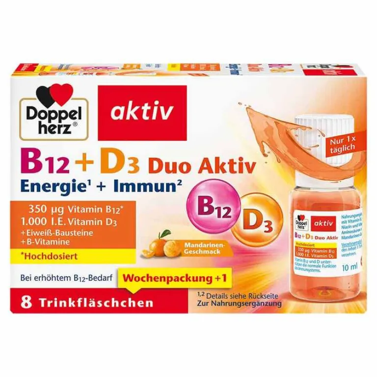 Doppelherz B12 + D3 Duo Aktiv Trinkampullen, 8 St- Vitamin D (Colecalciferol)|Vitamin B12 (Cobalamin)