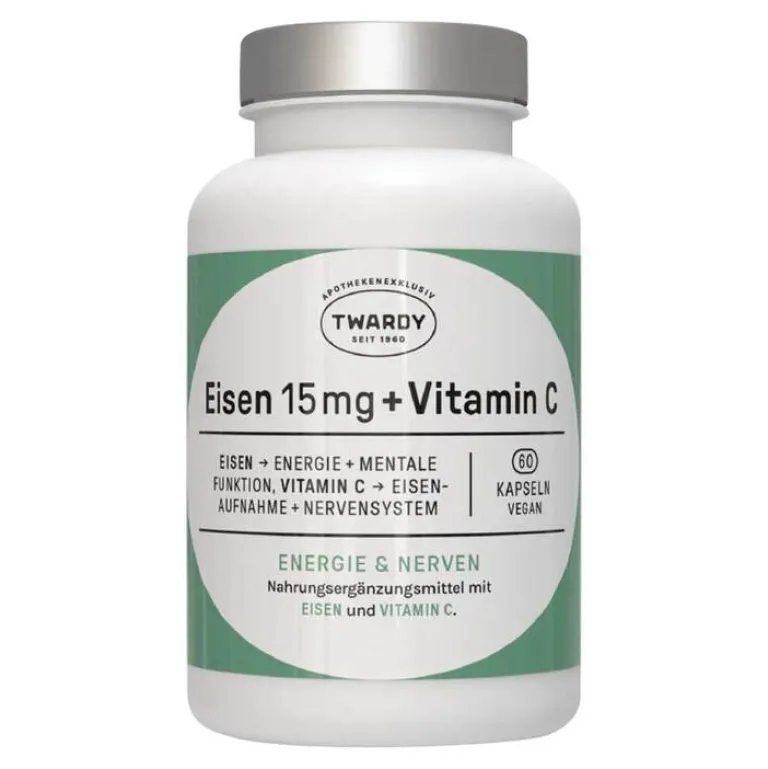 Twardy Eisen 15 mg + Vitamin C vegan Kapseln, 60 St- Vitamin C (Ascorbinsäure)
