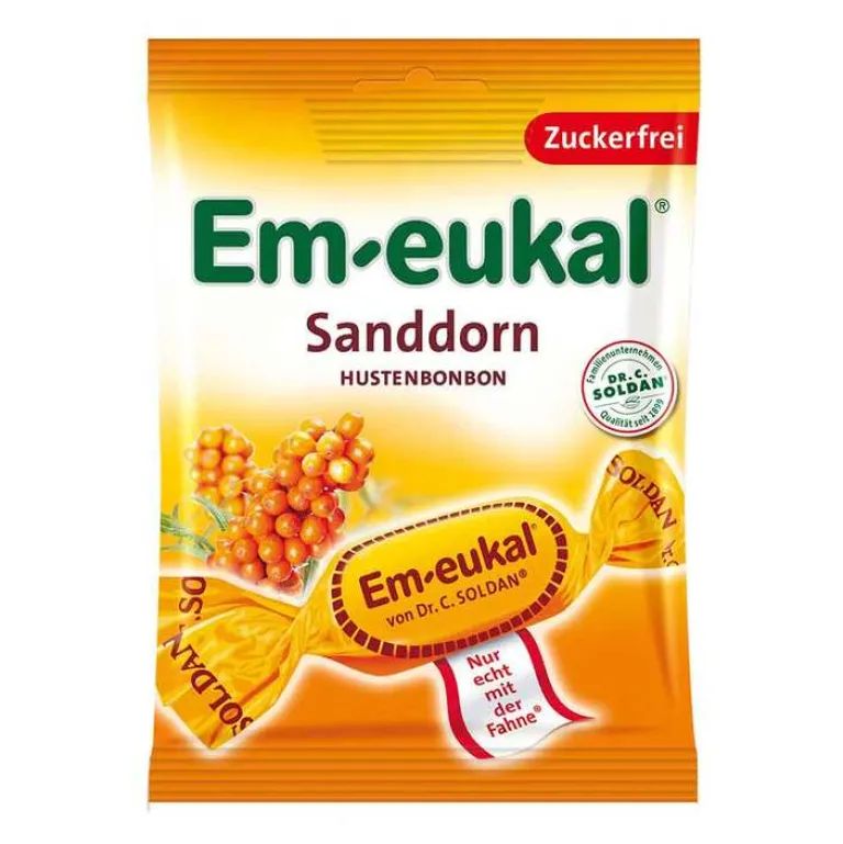 Em Eukal Zuckerfreie Bonbons|Husten & Halsbonbons-Em-eukal Hustenbonbons Sanddorn zuckerfrei, 75 g