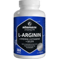 Vitamaze L-Arginin 750 mg hochdosiert + Piperin + Vitamine Kapseln, 360 St- Aminosäuren