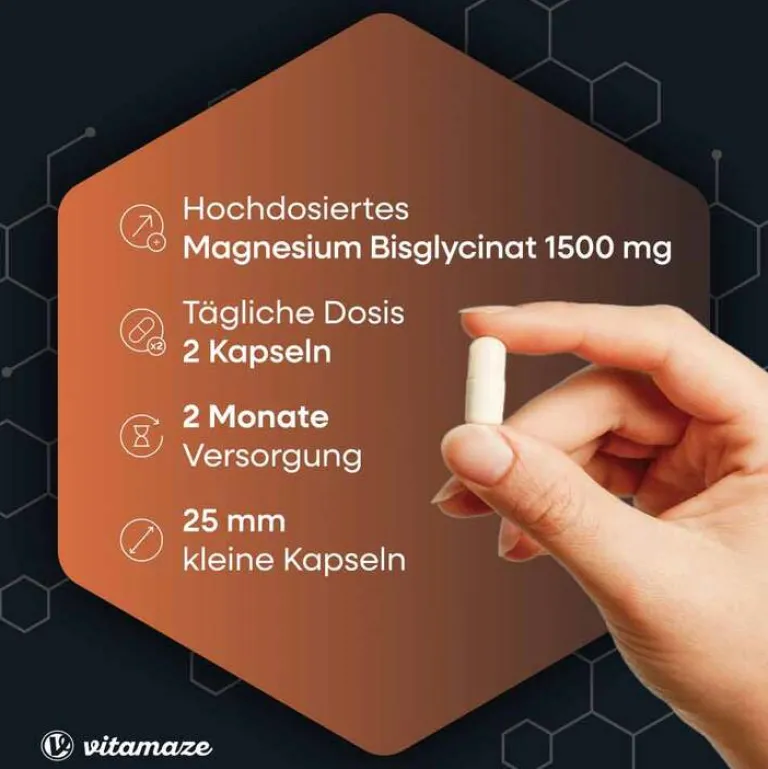 Vitamaze Magnesium|Muskulatur-Magnesium Bisglycinat 750 mg vegan Kapseln, 120 St