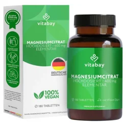 Vitabay Magnesium-Magnesiumcitrat 200 mg vegan hochdosiert Tabletten, 180 St