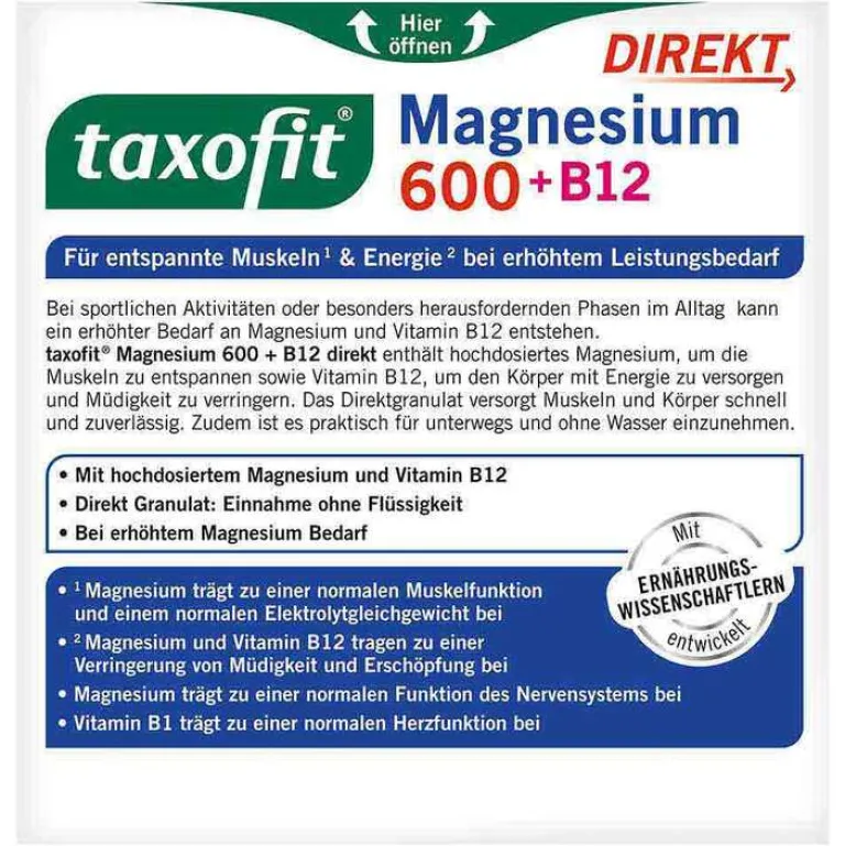 Taxofit Magnesium 600 + B12 Direkt Granulat, 20 St- Magnesium