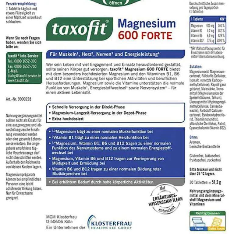 Magnesium 600 Forte Depot Tabletten, 30 St^Taxofit Hot