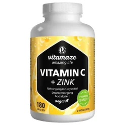 Vitamaze Zink|Vitamin C (Ascorbinsäure)-Vitamin C 1000 mg hochdosiert + Zink vegan Tabletten, 180 St