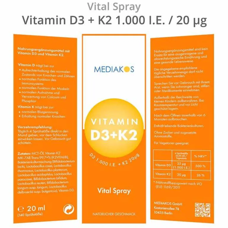 Mediakos Vitamin K|Vitamin D (Colecalciferol)-Vitamin D3 + K2 1000 I.E. 20 µg Vital Spray, 20 ml