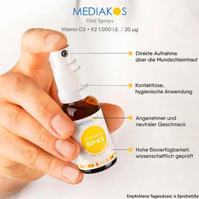 Mediakos Vitamin K|Vitamin D (Colecalciferol)-Vitamin D3 + K2 1000 I.E. 20 µg Vital Spray, 20 ml