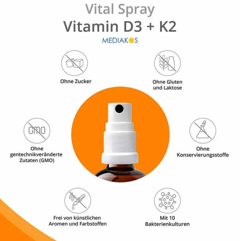 Mediakos Vitamin K|Vitamin D (Colecalciferol)-Vitamin D3 + K2 1000 I.E. 20 µg Vital Spray, 20 ml
