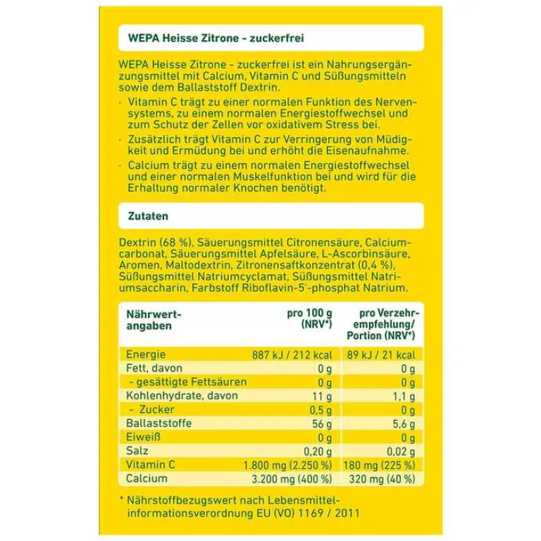 heiße Zitrone + Vitamin C + Calcium zuckerfrei Pulver, 10X10 g^Wepa Best