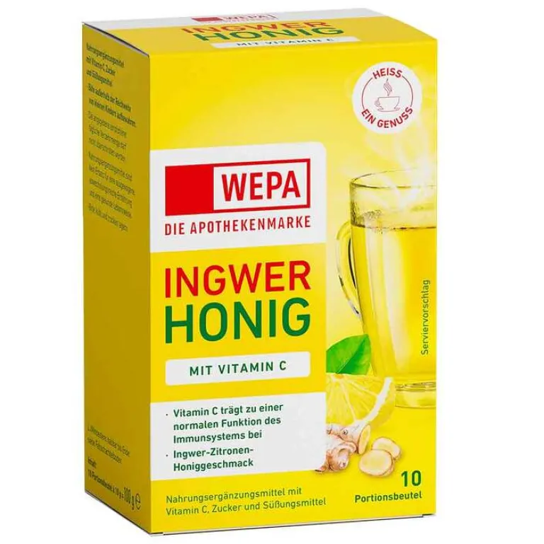 Wepa Vitamin C (Ascorbinsäure)-Ingwer + Honig + Vitamin C Pulver, 10X10 g